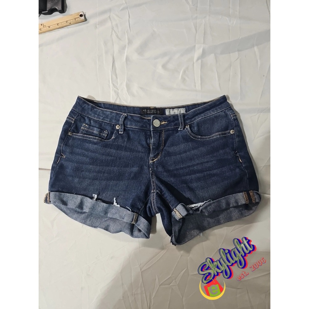 Aeropostale Women Dark Blue Midi Stretch Shorts‎ Cut-Off Style Denim Jean 30x3.5